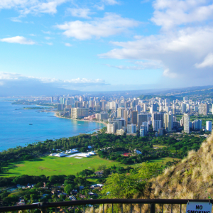 a view of a large body of water with Diamond Head in the background