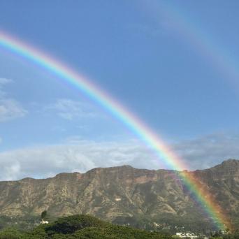 a rainbow in the background