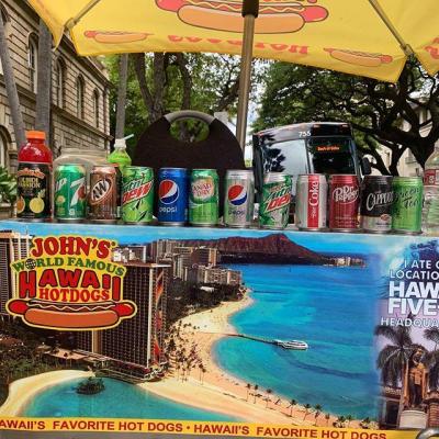 a table topped with a blue umbrella