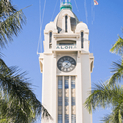 a large clock tower next to a palm tree