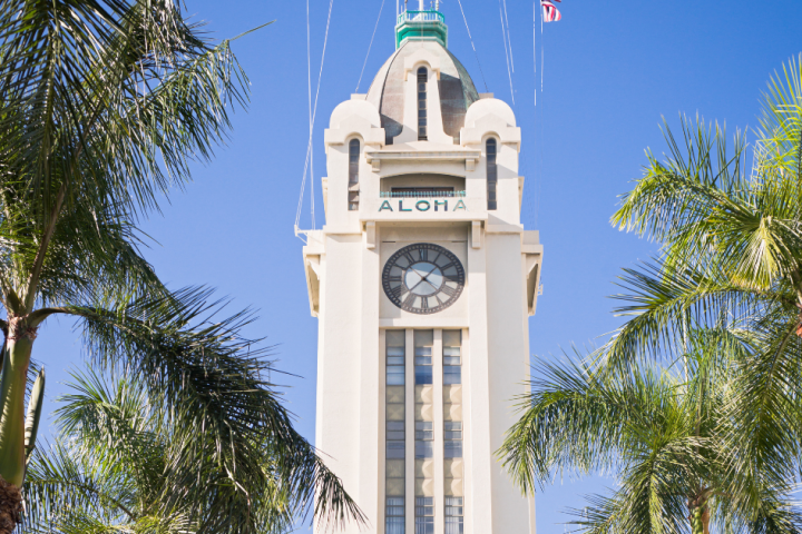 a large clock tower next to a palm tree